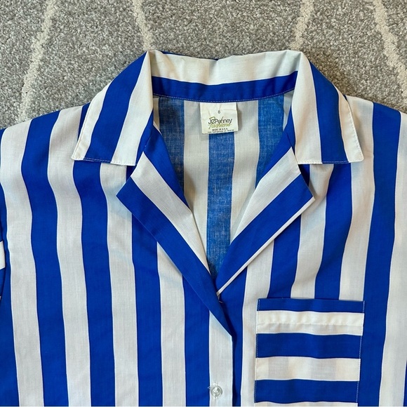 JCPenney Fashions Vintage 70’s Blue & White Striped Short Sleeve Cabana Shirt - Picture 2 of 5